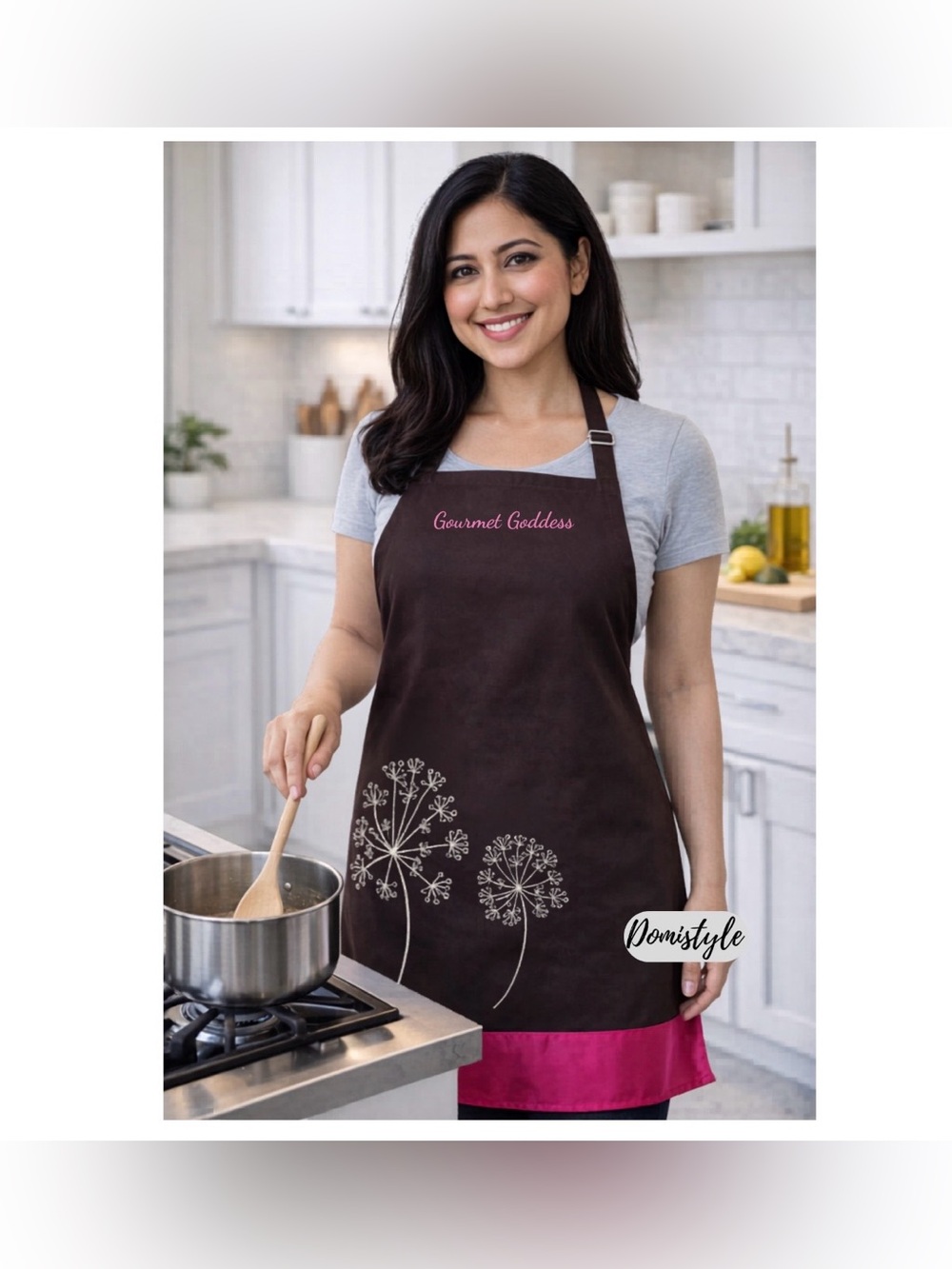 Gourmet Goddess Brown & Fuchsia Floral Kitchen Apron